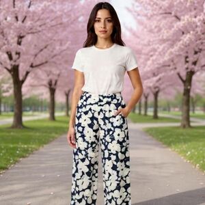 Sz.6🌸UP! Poppy Amalfi Elegant Navy/White Wide-leg Cropped Pant